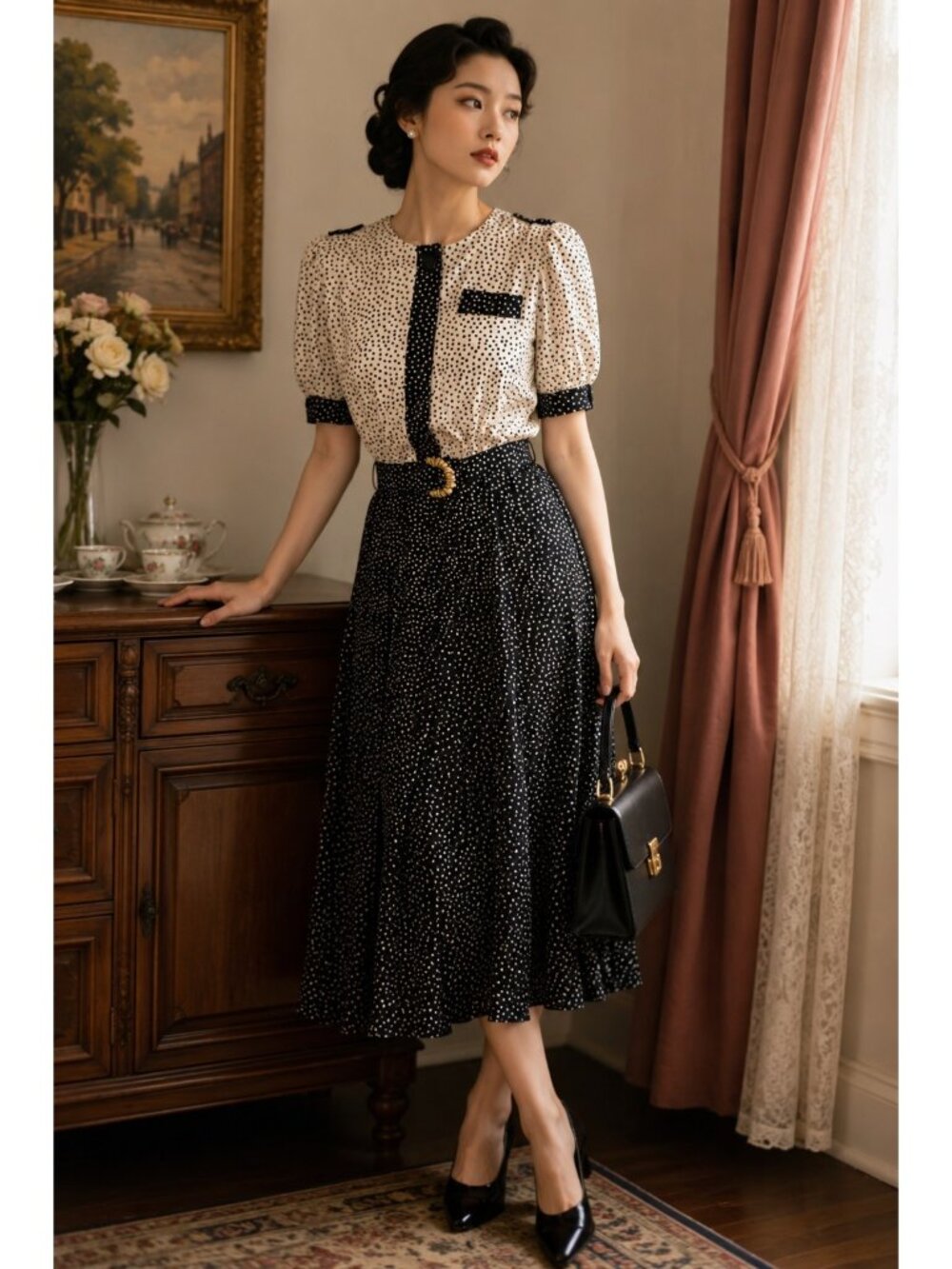 Vintage Lady Carol Petites Navy Polka Dot Belted Midi Dress Size 10P Retro